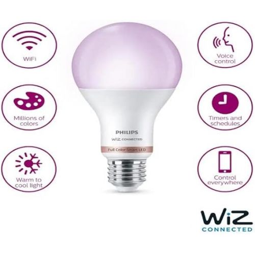 필립스 Philips Color and Tunable White A21 LED High Lumen 100W Equivalent Dimmable Smart Wi-Fi Wiz Connected Light Bulb, Compatible with Alexa, Google Assistant, and Siri Shortcuts (2-Pack) (9290024493)