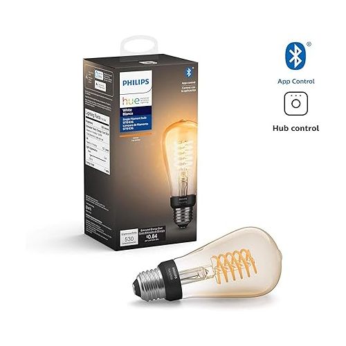 필립스 Philips Hue White Dimmable Filament ST19 LED Smart Vintage Edison Bulb, Bluetooth & Hub Compatible (Hue Hub Optional), Voice Activated with Alexa