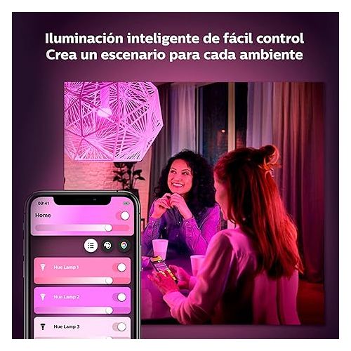 필립스 Philips Hue MAIN-54158 White Ambiance LED Starter Kit-3 Multicolor A19 Bulbs, Bridge and Hue Dimmer Switch (Gen 3-Richer Colors), 1 Count (Pack of 1), Multi