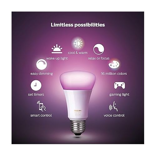 필립스 Philips Hue White and Color Ambiance A19 60W Equivalent LED Smart Bulb Starter Kit (4 A19 Bulbs and 1 Hub Compatible with Amazon Alexa Apple HomeKit and Google Assistant)