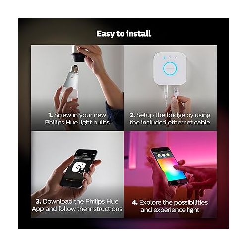 필립스 Philips Hue White and Color Ambiance A19 60W Equivalent LED Smart Bulb Starter Kit (4 A19 Bulbs and 1 Hub Compatible with Amazon Alexa Apple HomeKit and Google Assistant)