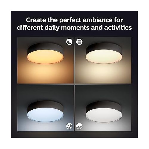 필립스 Philips Hue Enrave Medium Ceiling Lamp, Black -White Ambiance Warm-to-Cool White Smart LED Light - 1 Pack - Control with Hue App - Compatible with Alexa, Google Assistant, and Apple Homekit