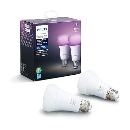 필립스 Philips Hue (1) Bridge with (2) Smart 60W A19 LED Bulb, White and Color Ambiance Color-Changing Light, 800LM, E26 - Control with Hue App - Works with Alexa, Google Assistant, Apple Homekit, and Matter