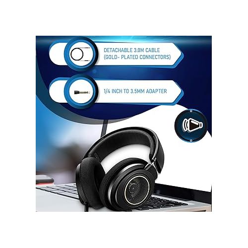 필립스 PHILIPS Over Ear Open Back Stereo Headphones Wired with Detachable Audio Jack, Studio Monitor Headphones for Recording Podcast DJ Music Piano Guitar (SHP9600)