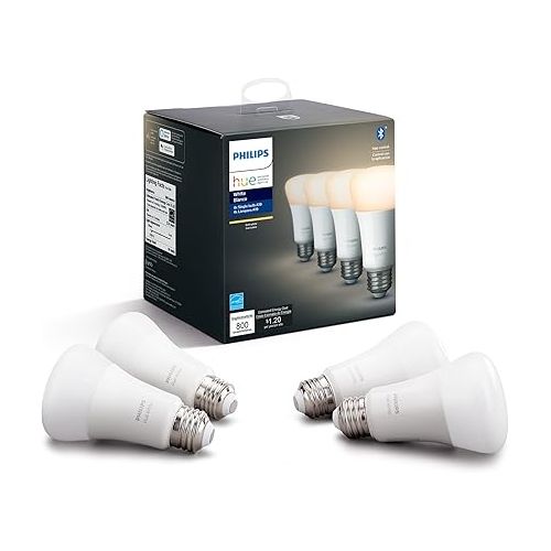 필립스 Philips Hue Smart Light Starter Kit - Includes (1) Bridge and (2) 60W A19 LED Bulb & Smart 60W A19 LED Bulb - Soft Warm White Light - 4 Pack - 800LM - E26 - Indoor
