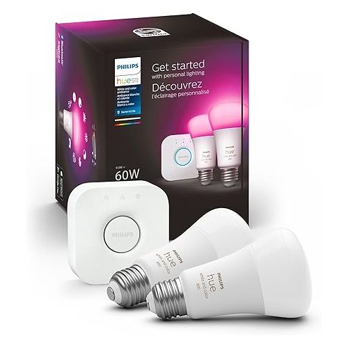 필립스 Philips Hue Smart Light Starter Kit - Includes (1) Bridge and (2) 60W A19 LED Bulb & Smart 60W A19 LED Bulb - Soft Warm White Light - 4 Pack - 800LM - E26 - Indoor