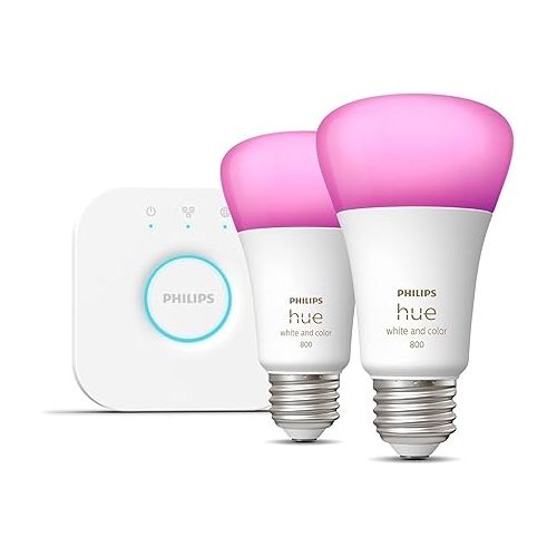 필립스 Philips Hue Smart Light Starter Kit - Includes (1) Bridge and (2) 60W A19 LED Bulb, White and Color Ambiance Color-Changing Light, 800LM, E26 - Control with App or Voice Assistant