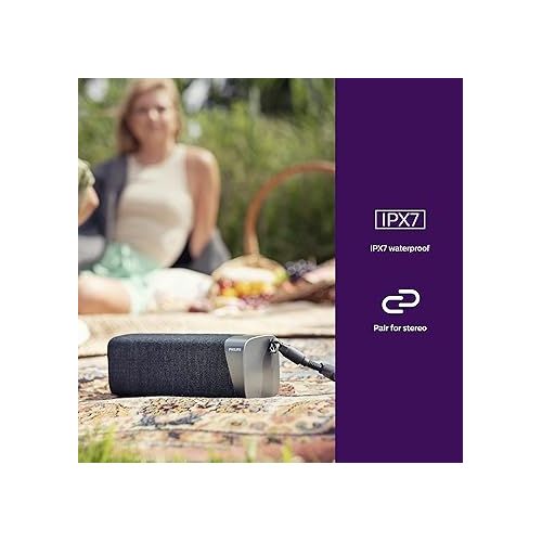 필립스 PHILIPS S7505 Wireless Bluetooth Speaker with Built-in Power-Bank, Large Bold Sound, Up to 20 Hours Playtime, IPX7 Waterproof, Shower Ready, Large Size, Gray