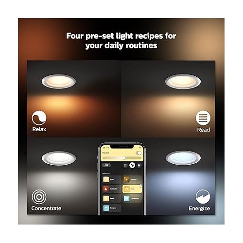 필립스 Philips Hue Smart Recessed 4 Inch LED Downlight - White Ambiance Warm-to-Cool White Light - 6 Pack - 850LM - Indoor - Control with Hue App - Compatible with Alexa Google Assistant and Apple Homekit