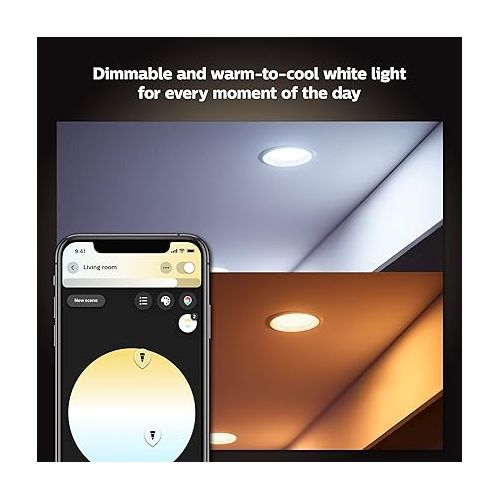 필립스 Philips Hue Smart Recessed 4 Inch LED Downlight - White Ambiance Warm-to-Cool White Light - 6 Pack - 850LM - Indoor - Control with Hue App - Compatible with Alexa Google Assistant and Apple Homekit