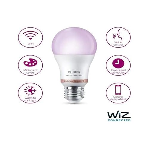 필립스 PHILIPS Color and Tunable White A19 LED 60W Equivalent Dimmable Wi-Fi Wiz Connected Smart LED Light Bulb, Easy Control with App or Voice, Works with Alexa, Google Assistant, Siri Shortcuts (4-Pack)