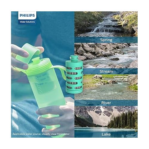 필립스 PHILIPS Water GoZero Active BPA-Free Water Bottle with River/Lake/Spring Water Filter for Hiking Camping, Sport Squeeze Water Bottle, Lightweight, Blue, 20 oz with Adventure Filter, Green