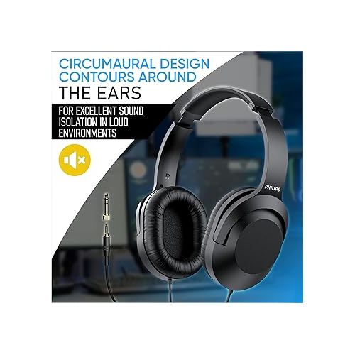필립스 PHILIPS Over Ear Wired Stereo Headphones for Podcasts, Studio Monitoring and Recording Headset for Computer, Keyboard and Guitar with 6.3 mm (1/4