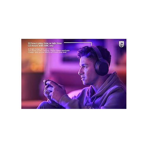 필립스 PHILIPS PH805 Active Noise Canceling (ANC) Over Ear Wireless Bluetooth Performance Headphones w/Hi-Res Audio, Comfort Fit and 30 Hours of Playtime (TAPH805BK)