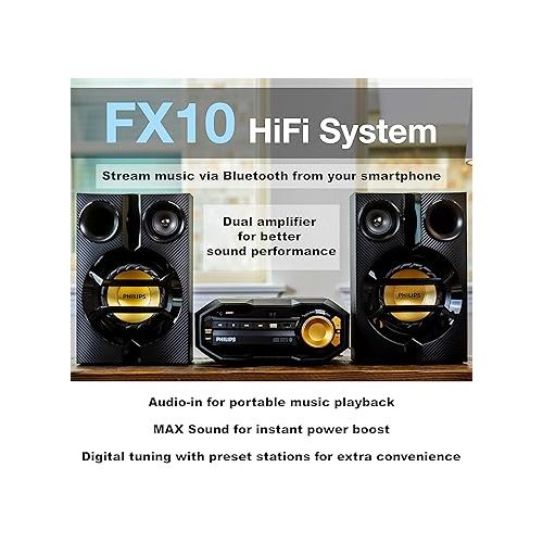 필립스 PHILIPS FX10 Bluetooth Stereo System for Home with CD Player , MP3, USB, FM Radio, Bass Reflex Speaker, 230 W, Remote Control Included
