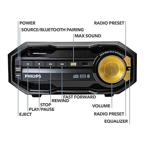 필립스 PHILIPS FX10 Bluetooth Stereo System for Home with CD Player , MP3, USB, FM Radio, Bass Reflex Speaker, 230 W, Remote Control Included