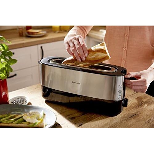 필립스 Philips Langschlitztoaster (Edelstahl) 8 Braunungsstufen, Broetchenaufsatz, 950 Watt, schwarz HD2692/90