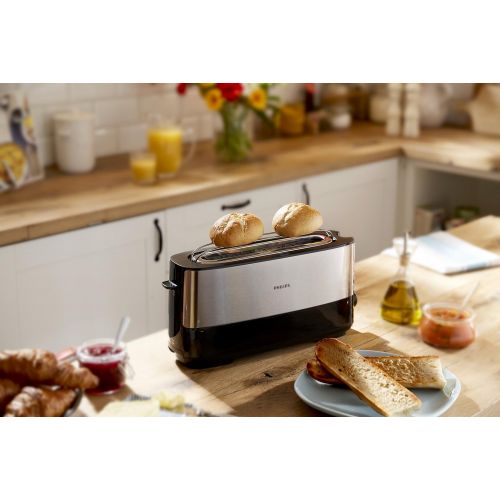 필립스 Philips Langschlitztoaster (Edelstahl) 8 Braunungsstufen, Broetchenaufsatz, 950 Watt, schwarz HD2692/90