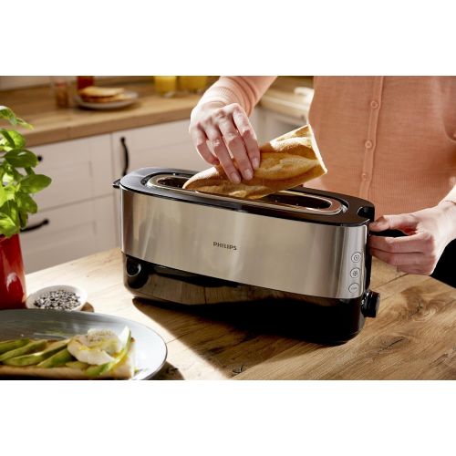 필립스 Philips Langschlitztoaster (Edelstahl) 8 Braunungsstufen, Broetchenaufsatz, 950 Watt, schwarz HD2692/90