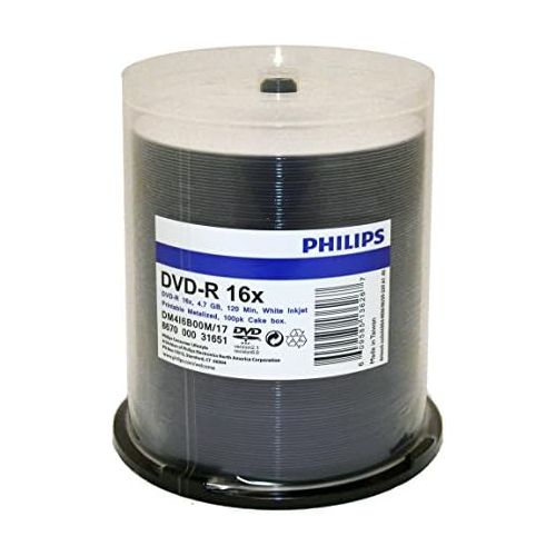 필립스 [아마존베스트]PHILIPS Philips DVD-R Duplication Grade White Inkjet Hub Printable 16X Media 100 Pack in Cake Box (DM416B00M/17)