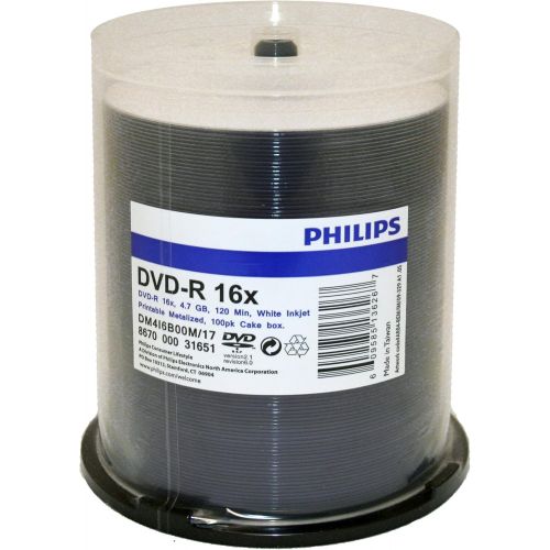 필립스 [아마존베스트]PHILIPS Philips DVD-R Duplication Grade White Inkjet Hub Printable 16X Media 100 Pack in Cake Box (DM416B00M/17)