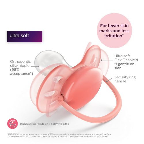 필립스 [아마존베스트]Philips AVENT Philips Avent Ultra Soft Pacifier, 0-6 months, Pink/Peach, 2 pack, SCF213/20
