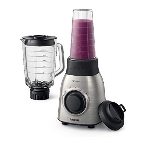 필립스 Philips HR3556/00 Standmixer (900W, 27000 Umdr. / Min., 2L Glasbehalter, Trinkflasche, spuelmaschinenfest) edelstahl