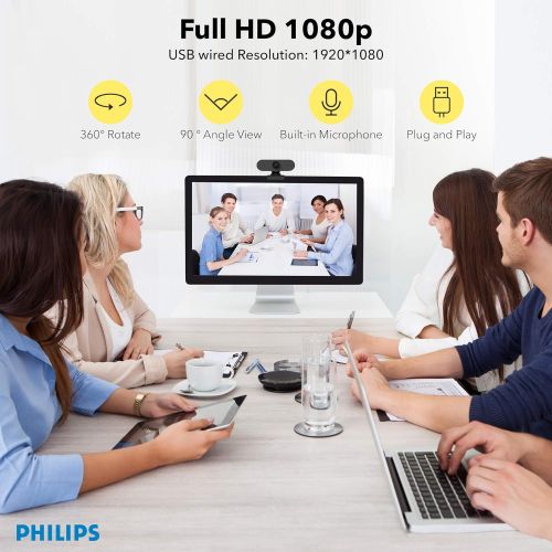 필립스 Philips Webcam with Microphone, Full HD 1080P, USB Computer Camera, Plug and Play, 360° Rotate, for PC Video Conferencing/Calling/Gaming, Laptop/Desktop Mac, Skype/YouTube/Zoom/Fac