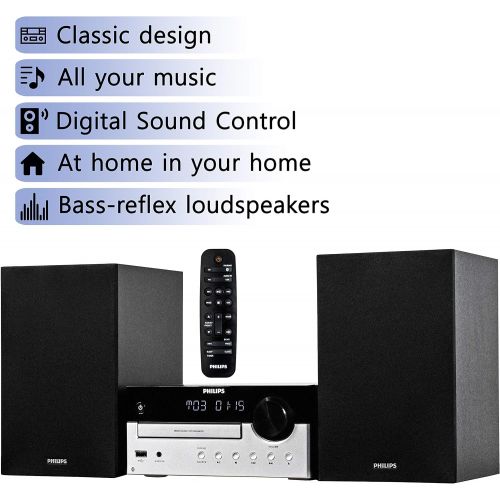 필립스 PHILIPS Bluetooth Stereo System for Home with CD Player, MP3, USB, Audio in, FM Radio, Bass Reflex Speaker, 60W, Remote Control Included