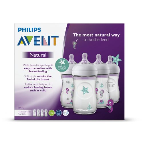 필립스 Philips Avent Natural Baby Bottle with Seahorse Design, 9oz, 4pk, SCF659/47