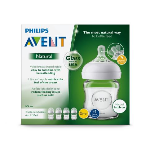 필립스 Philips Avent Natural Glass Baby Bottle, 4oz, 4pk, SCF701/47