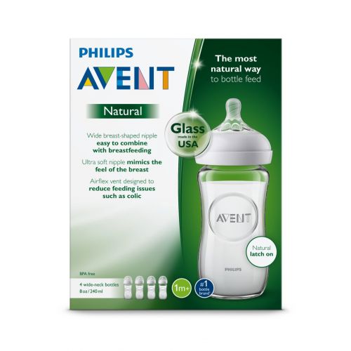 필립스 Philips Avent Natural Glass Baby Bottle, 8 Oz, 4pk, SCF703/47