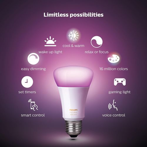 필립스 Philips Hue 2-Pack Premium Smart Light Starter Kit, 16 million colors, for most lamps & overhead lights, Works with Alexa, Apple HomeKit and Google Assistant