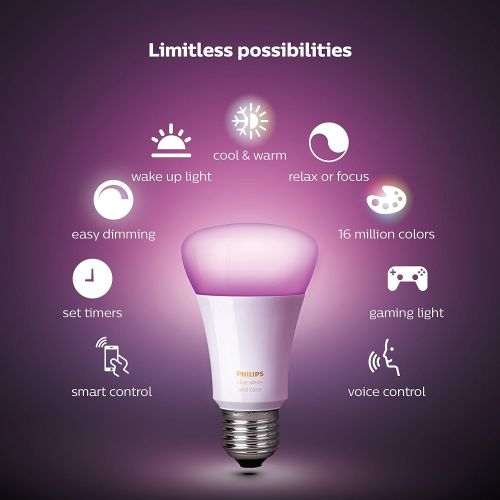 필립스 Philips Hue White and Color Ambiance A19 60W Equivalent LED Smart Bulb Starter Kit (4 A19 Bulbs and 1 Hub Compatible with Amazon Alexa Apple HomeKit and Google Assistant)