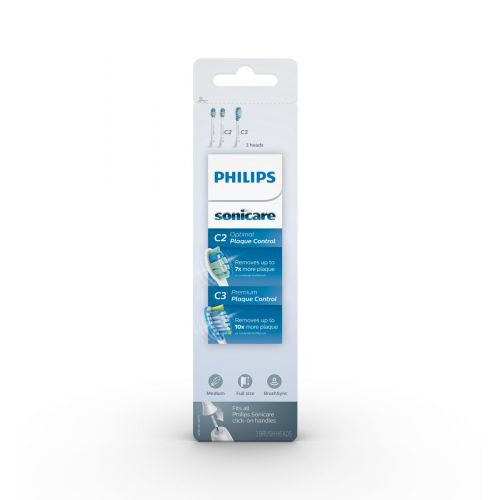 필립스 Philips Sonicare HX9023/69 Genuine Toothbrush Head Variety Pack  C3 Premium Plaque Control & C2 Optimal Plaque Control, 3 Pack, white