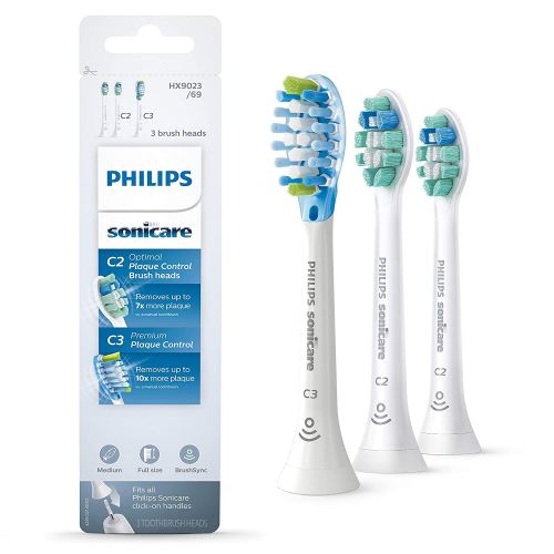 필립스 Philips Sonicare HX9023/69 Genuine Toothbrush Head Variety Pack  C3 Premium Plaque Control & C2 Optimal Plaque Control, 3 Pack, white