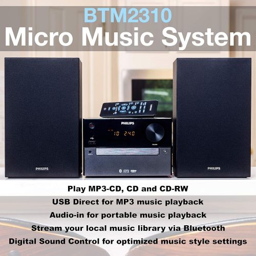 필립스 [아마존베스트]Philips Bluetooth Stereo System for Home with CD Player, Wireless Streaming, MP3, USB, Audio in, FM Radio, 15W, Micro Music Sound System