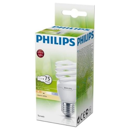 필립스 Philips Tornado Compact Fluorescent Spiral Light Bulb (Edison Screw E27 15 W) - Warm White