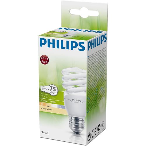 필립스 Philips Tornado Compact Fluorescent Spiral Light Bulb (Edison Screw E27 15 W) - Warm White