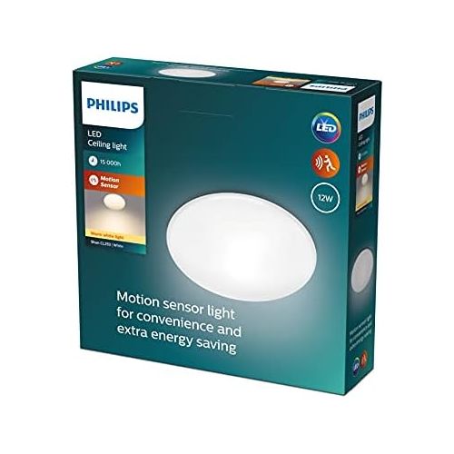 필립스 Philips myLiving Shan LED Ceiling Light with Motion Sensor, White, 12 W, 1000 lm, Warm White Light (2700 K)