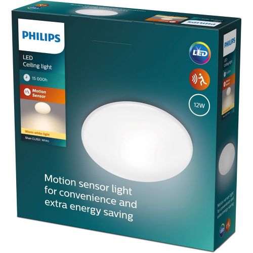 필립스 Philips myLiving Shan LED Ceiling Light with Motion Sensor, White, 12 W, 1000 lm, Warm White Light (2700 K)