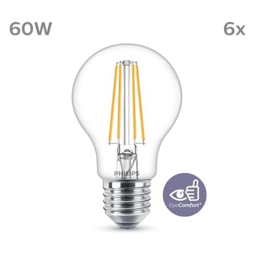 필립스 Philips LEDclassic replaces 60 W, E27, A60, pack of 6, warm white (2700 Kelvin), 806 lumens, clear