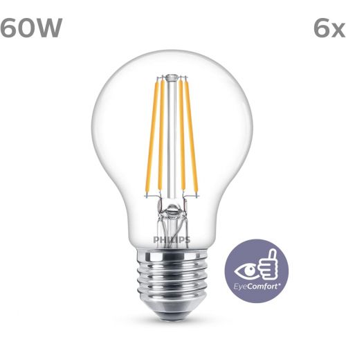 필립스 Philips LEDclassic replaces 60 W, E27, A60, pack of 6, warm white (2700 Kelvin), 806 lumens, clear