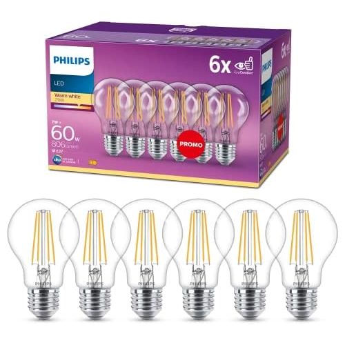 필립스 Philips LEDclassic replaces 60 W, E27, A60, pack of 6, warm white (2700 Kelvin), 806 lumens, clear