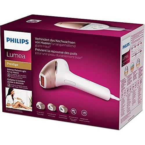필립스 Philips Lumea Prestige IPL Hair Removal Device with SmartSkin Sensor, Four Intelligent Attachments for Armpits, Bikini Zone, Body and Face, BRI948/00