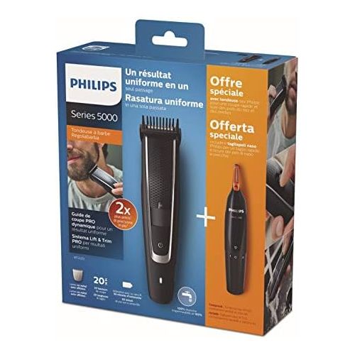 필립스 Philips BEARDTRIMMER Series 5000 BT5503/85 Black Silver Rechargeable Hair Trimmer and Shaver Razor (Black, Silver, 0.4 mm, 2 cm, Stainless Steel, 60 min, AA)