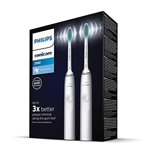필립스 Philips Sonicare 3100 Series Electric Toothbrush with Sonic Technology Twin Pack with Pressure Sensor and Brush Head Indicator, HX3675/13, White