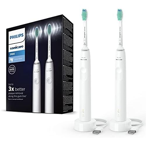 필립스 Philips Sonicare 3100 Series Electric Toothbrush with Sonic Technology Twin Pack with Pressure Sensor and Brush Head Indicator, HX3675/13, White