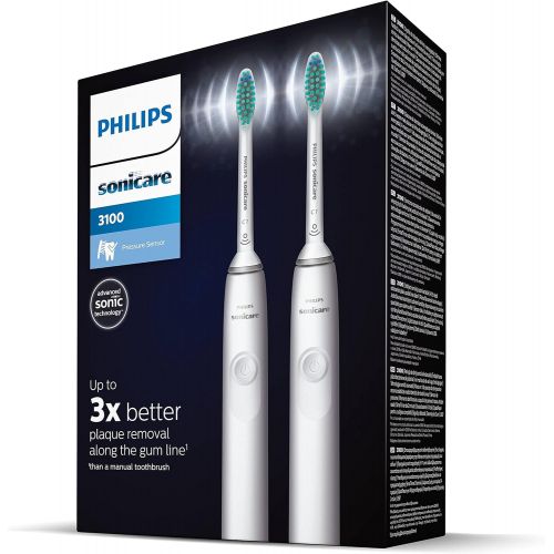 필립스 Philips Sonicare 3100 Series Electric Toothbrush with Sonic Technology Twin Pack with Pressure Sensor and Brush Head Indicator, HX3675/13, White