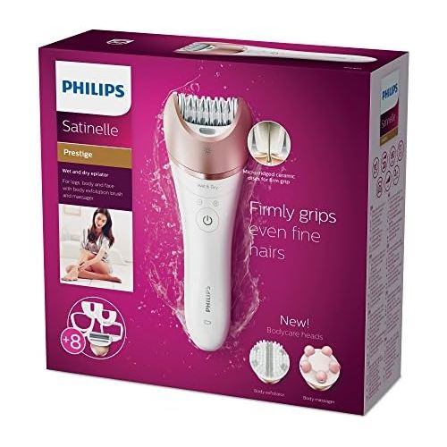 필립스 Philips Satinelle Prestige BRE650/00 Epilator Wet and Dry Epilator with 8 Accessories for Effortless Use on Legs, Body and Face for Long Lasting Smooth Skin